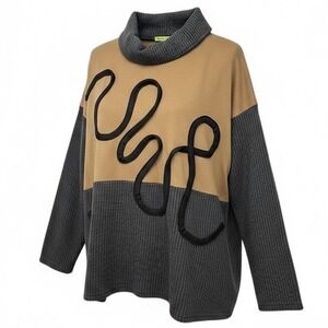 TRISHA TYLER 1X Sweater turtleneck‎  Geometric ribbon brown gray ribbed.